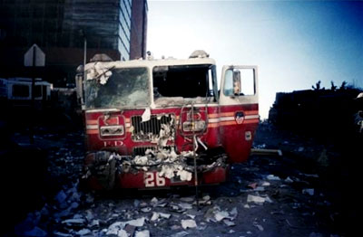 A destroyed fire truck at ground zero